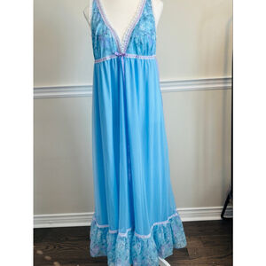Vintage Spinney Blue Ruffled Floral Accented Chemise Nightgown Womens Size M